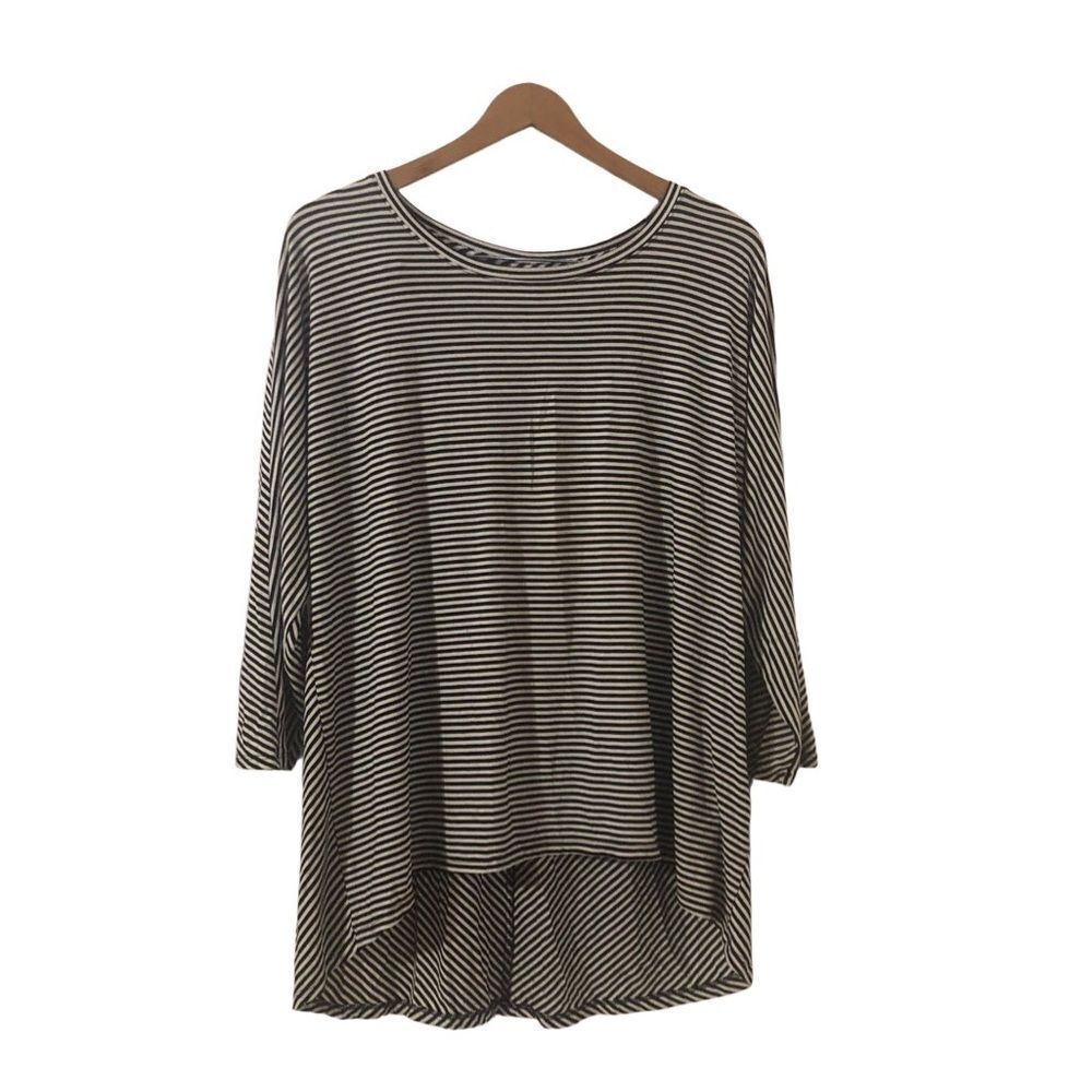 Chico’s Striped Dropped Shoulder Stretch Tunic Size 3 Navy White Hi Lo Hem